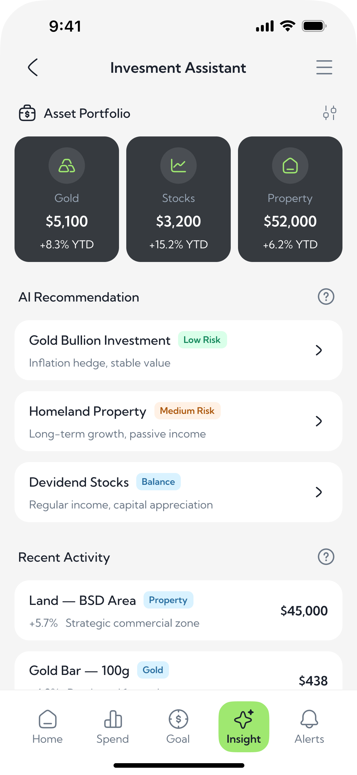 Investments — portfolio, risk, recent activity