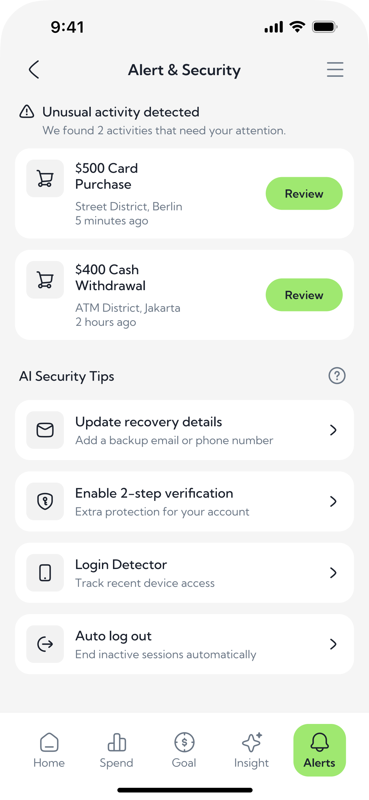 Alerts — two payments to review, then the account checks